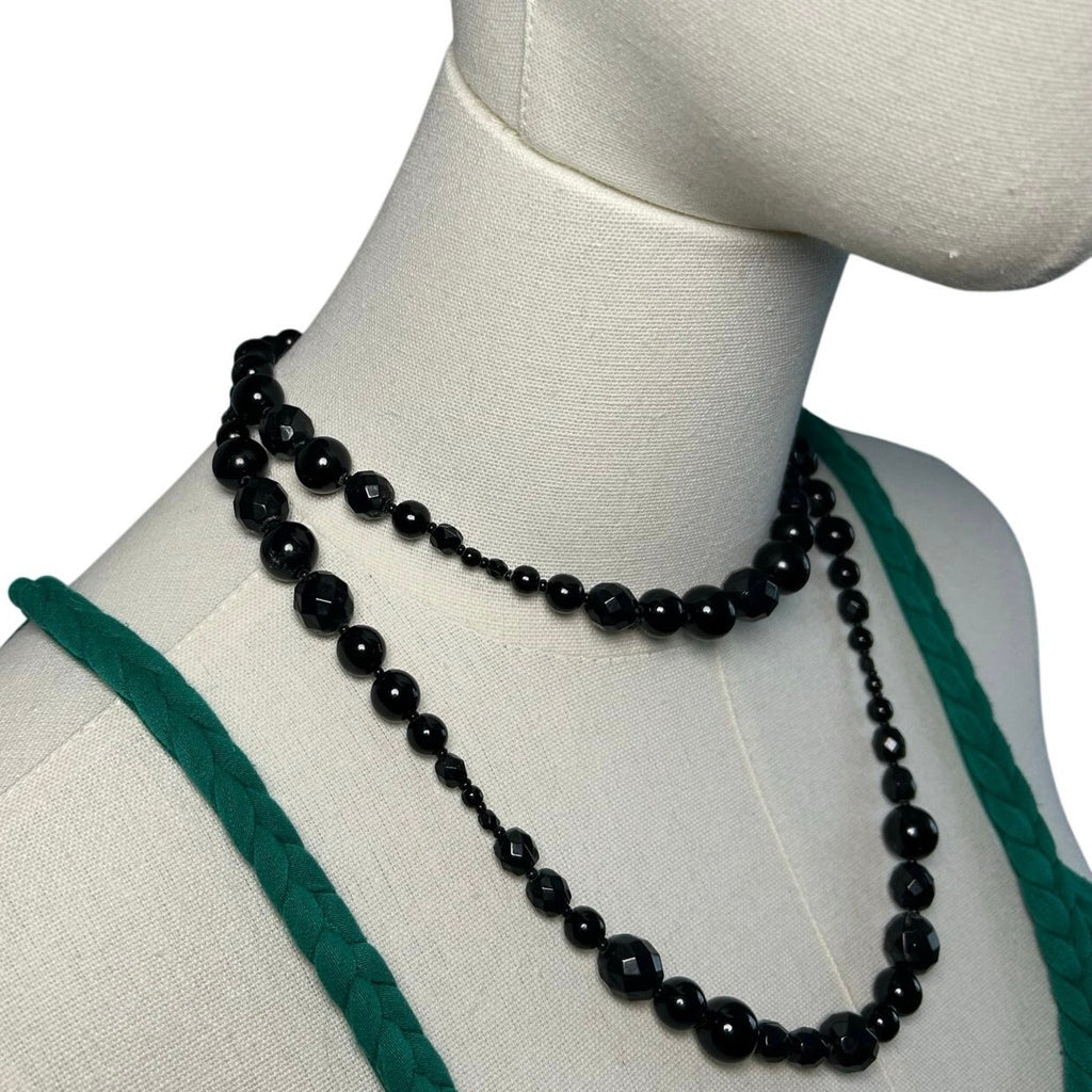 VTG Y2K Double Strand Black Bead Adjustable Choker Goth Office Siren Luxe Gatsby