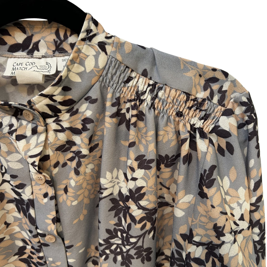 VTG Cape Cod Match Mates Gray Floral Long Sleeve Blouse Retro Boho Career XL