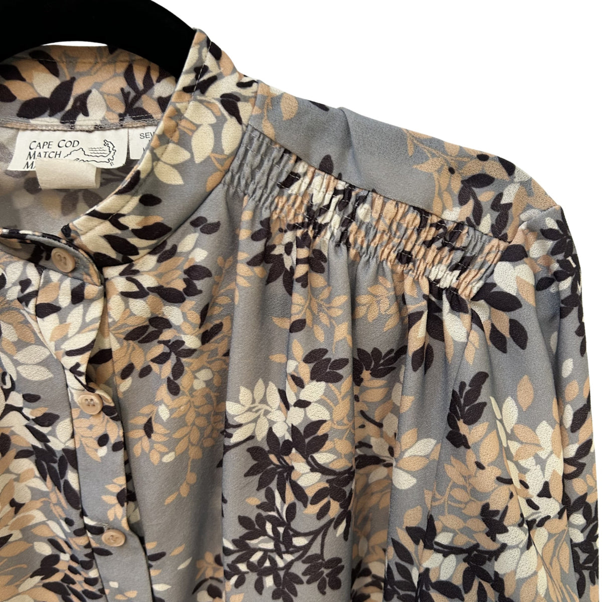 VTG Cape Cod Match Mates Gray Floral Long Sleeve Blouse Retro Boho Career XL