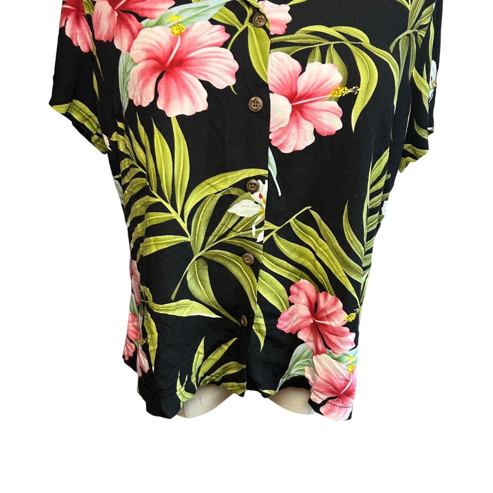 VTG 90s Puanani Hawaiian Shirt Black Floral Medium Tropical Boho Casual Indie