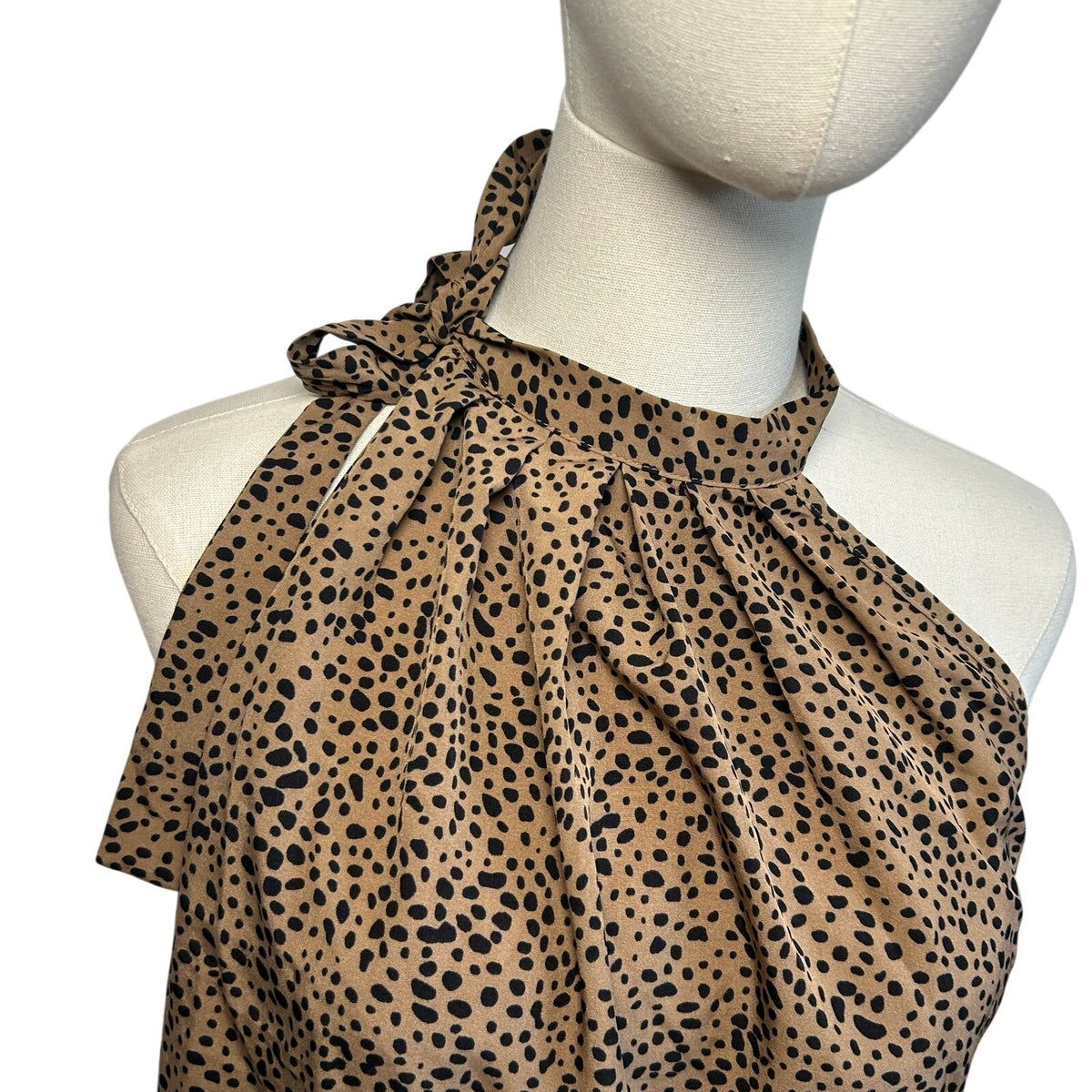 Brown Leopard Print S Top Pussy Bow Halter Neckline Y2K Boho Preppy Office Siren