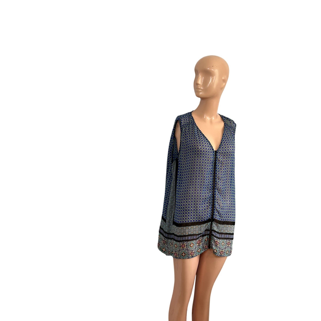 Liz Claiborne XL Blue Green Chiffon Sleeveless V-Neck Blouse Boho Top Maximalist