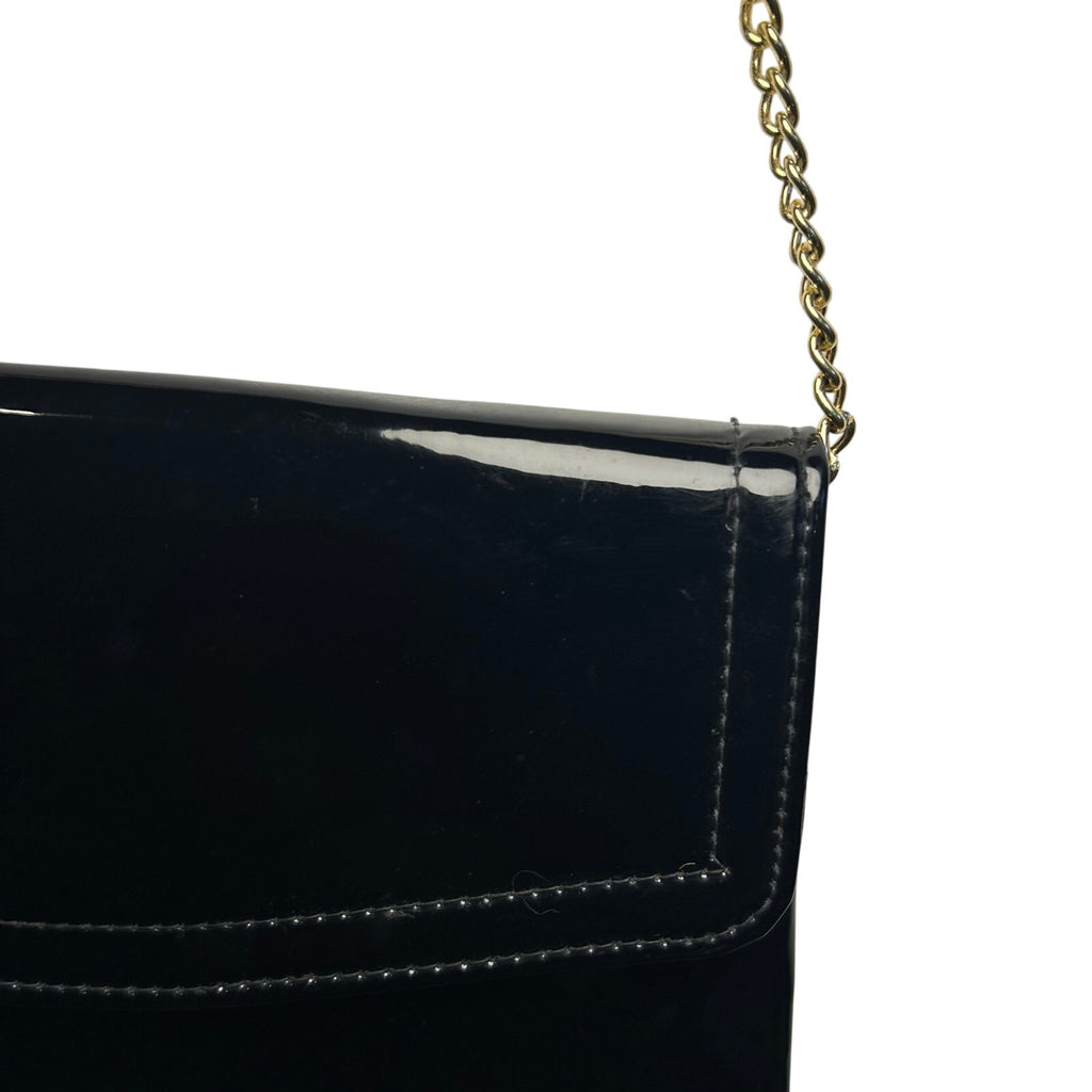 VTG 70s Patent Leather Black Gold Chain Convertible Clutch Shoulder Bag Purse