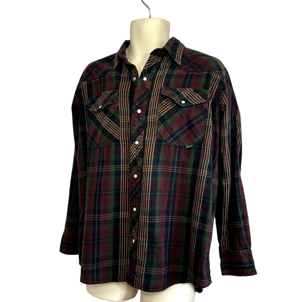 Berne L Multicolor Plaid Flannel Pearl Snap Work Shirt Utility Pen Pocket Gorp