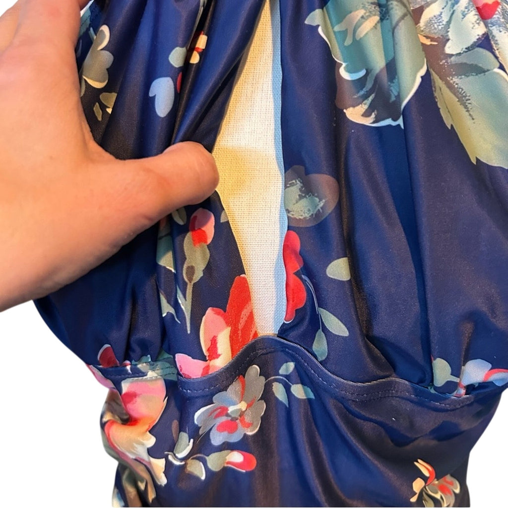Eomenie Blue Floral One Piece Swimsuit Ruched Tummy Control Plus Size XL