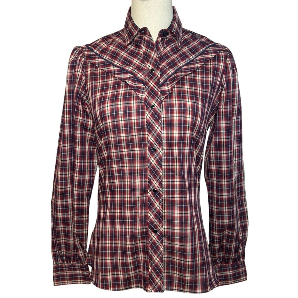 VTG 70s Kenny Rogers XS/S Western Red Plaid Snap Puff Sleeve Shirt Cottage Boho
