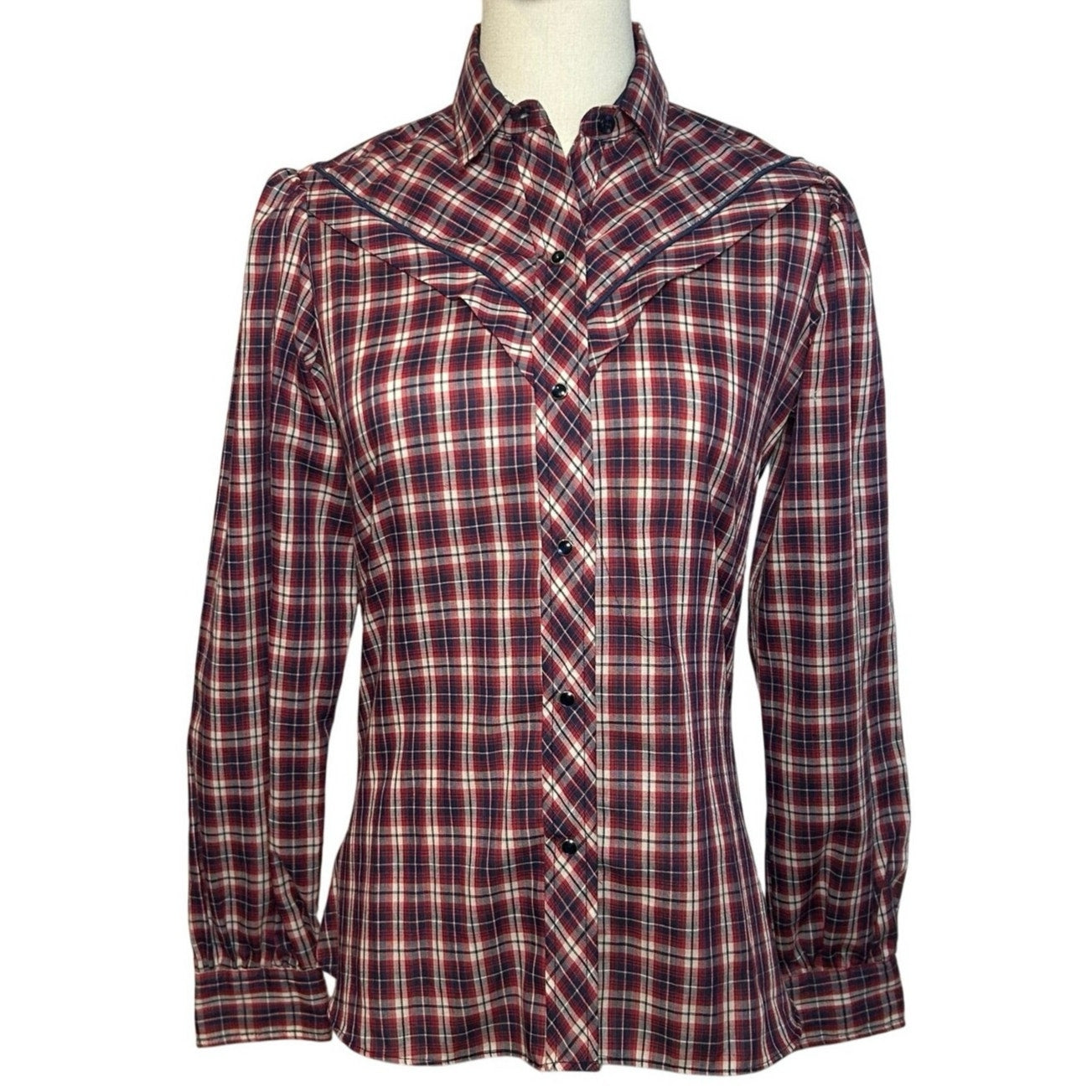 VTG 70s Kenny Rogers XS/S Western Red Plaid Snap Puff Sleeve Shirt Cottage Boho