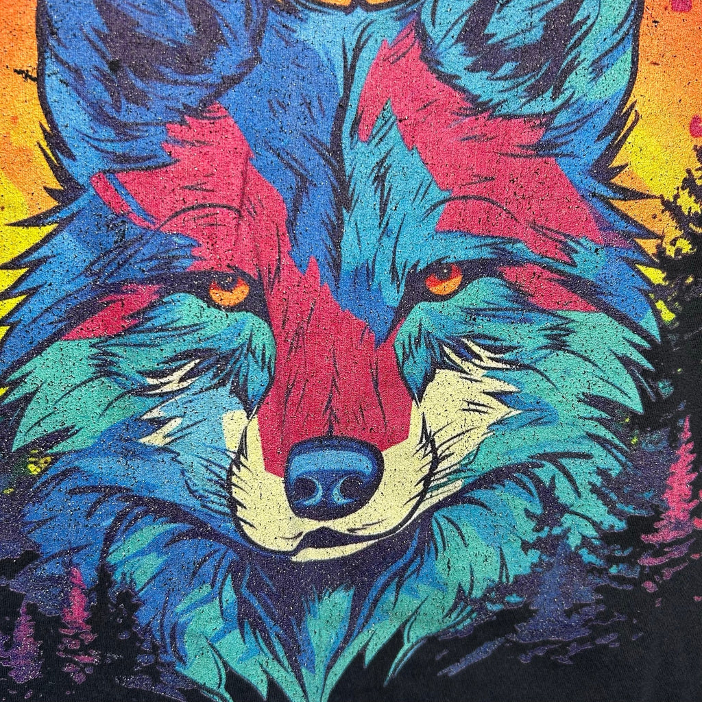 Black Colorful Wolf Graphic Raw Hem M Cropped Top T-Shirt Grunge Streetwear Y2K