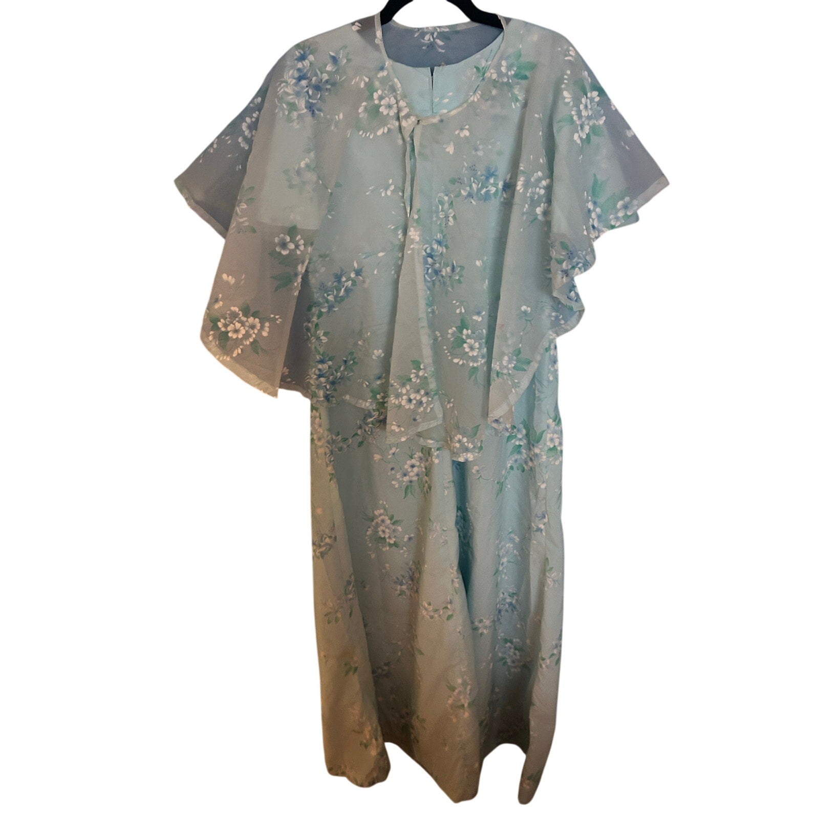 VTG 70s Handmade Blue Floral Ball Gown Capelet Empire Waist Maxi 10 Cottage Glam