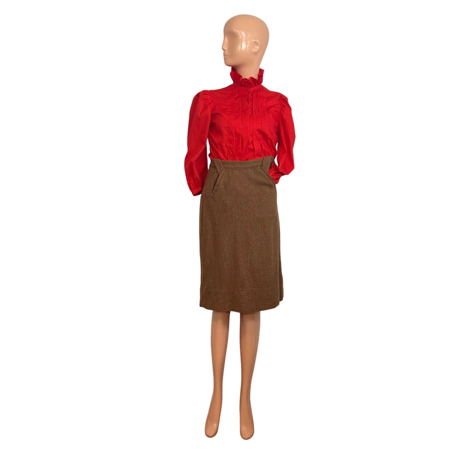 VTG 40s Brown Tweed Pencil Skirt Petite XS Dark Academia Preppy Pockets