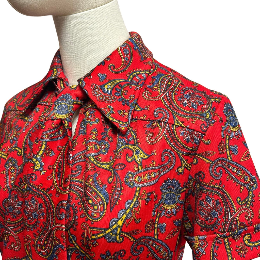 VTG 70s Red Paisley Dagger Collar Midi Dress with Matching Belt M Whimsygoth