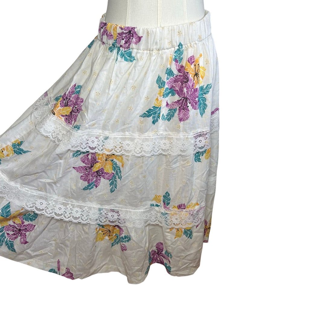 VTG 80s White Floral Broomstick Skirt M L Hawaiian Boho Cottage Fairy Retro