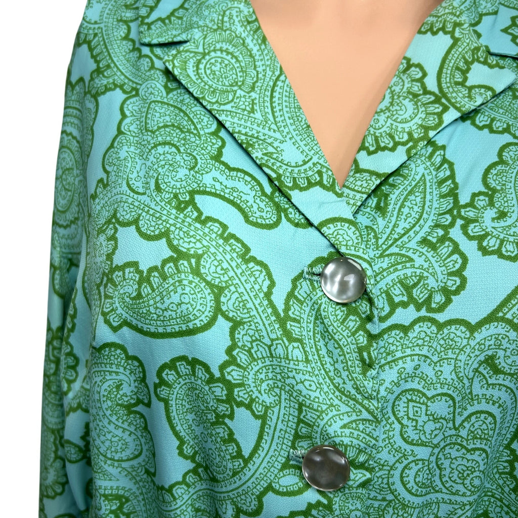 VTG 60s Kay Windsor Midi Dress Teal Paisley Retro Mod Secretary Union Made