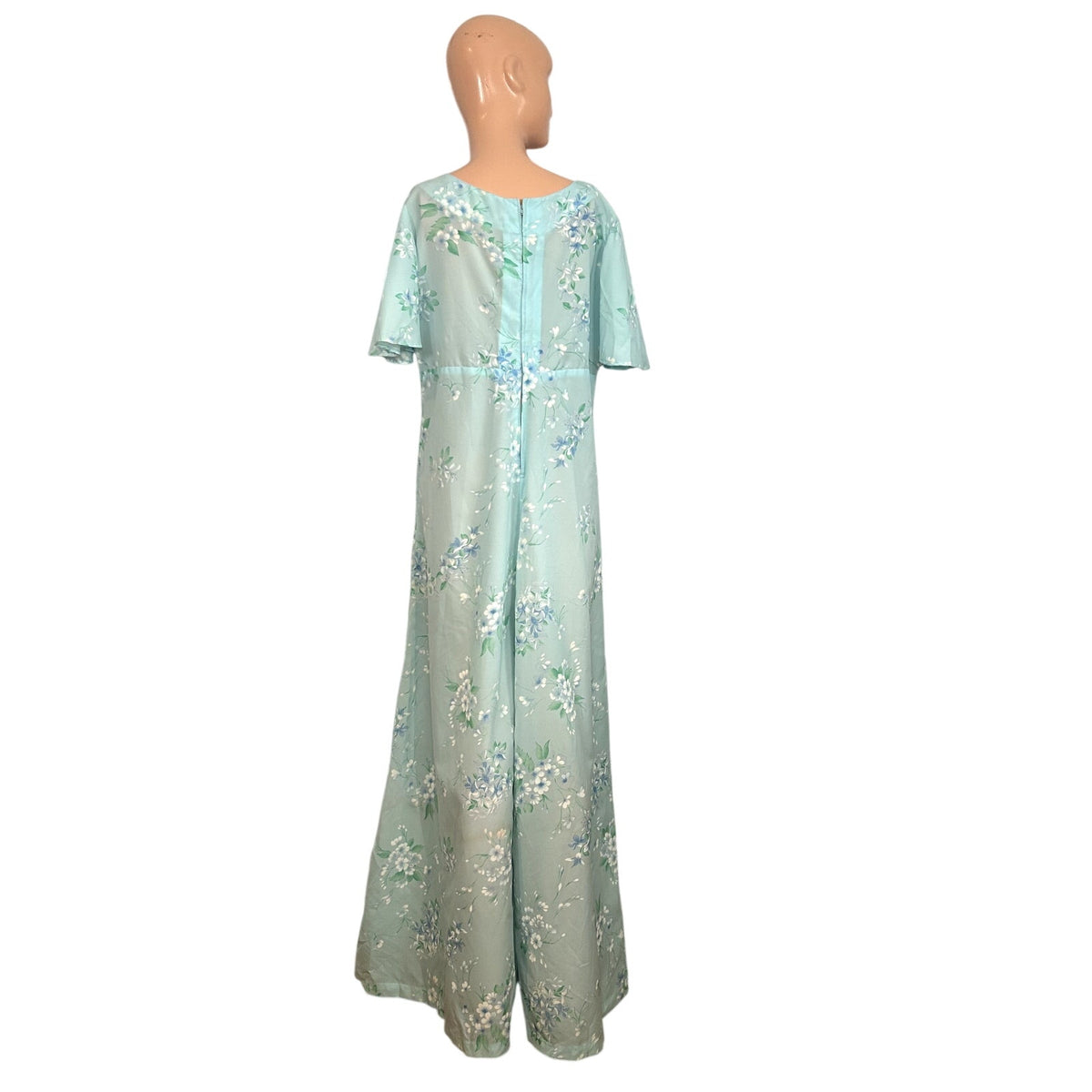 VTG 70s Handmade L Blue Floral Chiffon Capelet Maxi Dress Cottagecore Fairy Glam