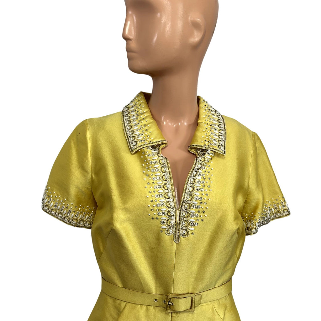 VTG 60s Sir Norman Hartnell S Yellow Beaded Wool Silk Couture Regency Midi Dress