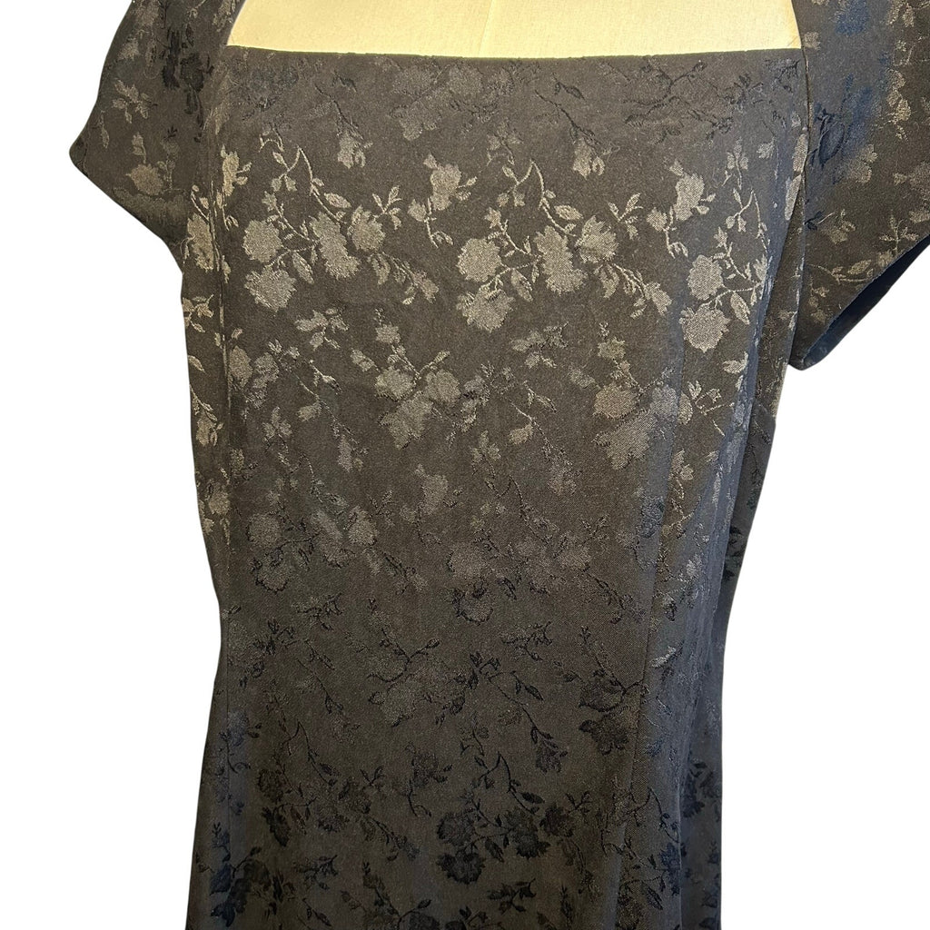 VTG 90s CDC Caren Desiree Black Floral Jacquard Dress Square Neck Midi Size 14