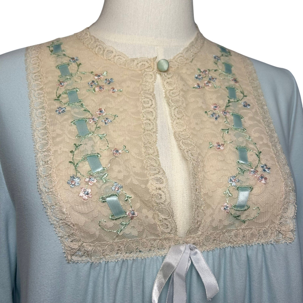 VTG 70s Blue Floral Lace Nightgown Sears XL Nylon Bridal Coquette Romantic Bow