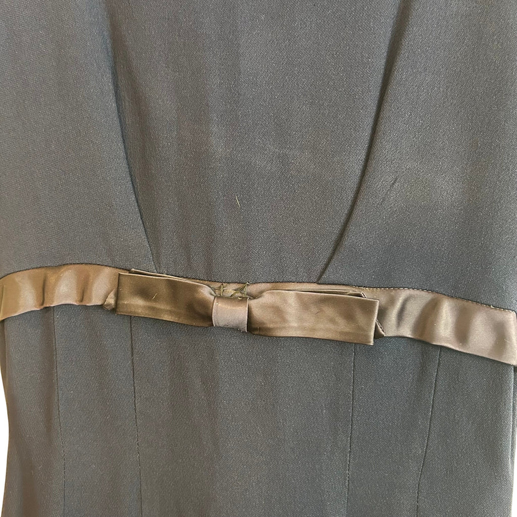 VTG 1950s Navy Blue Crepe Drop Waist Cocktail Dress Satin Bow Pleated Skirt M
