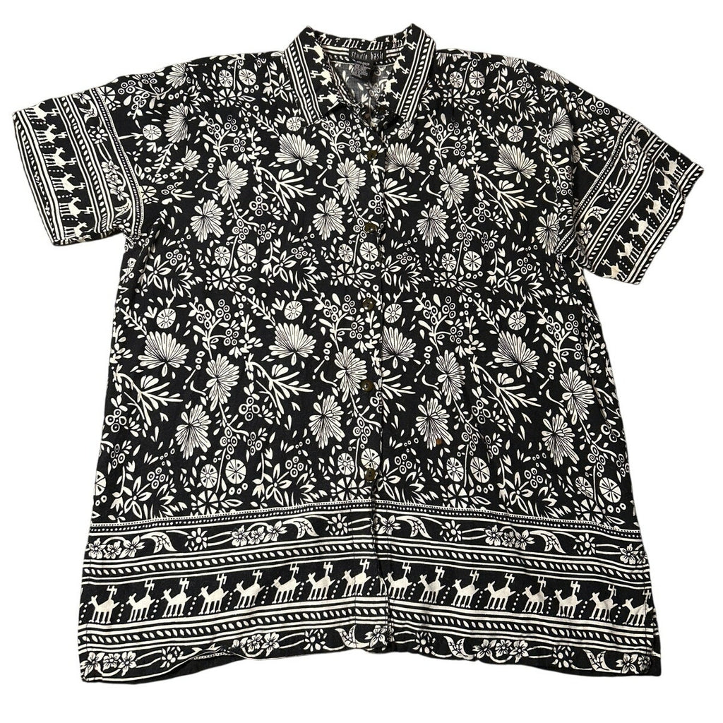 VTG Studio Basic Black White Floral Deer Border Print Rayon Blouse Size L