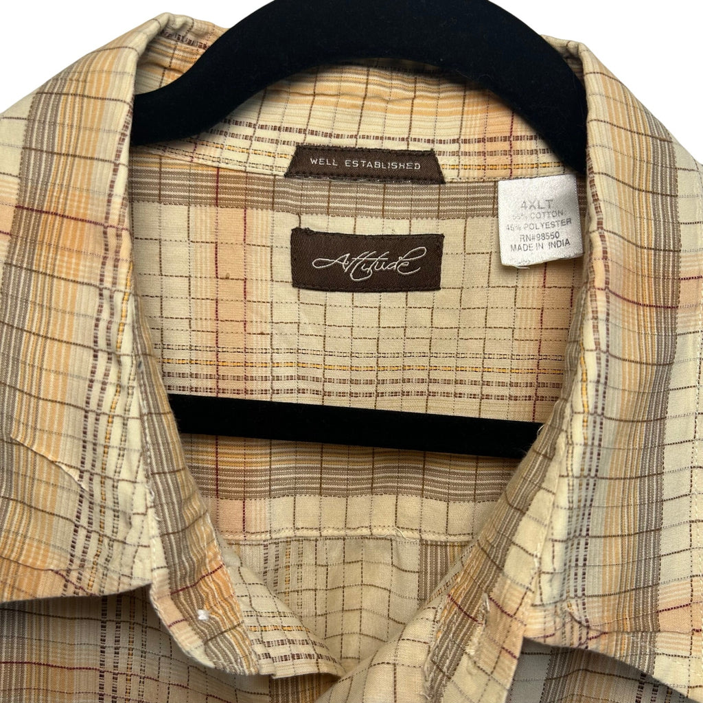 4XLT Attitude Brown Plaid Short Sleeve Casual Button Down Camp Shirt Big Tall