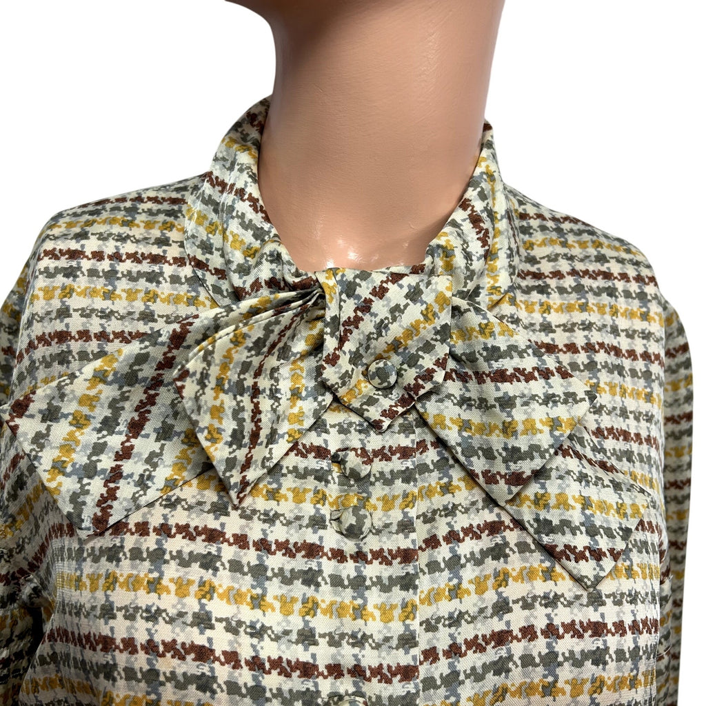 VTG 70s Sir Norman Hartnell M Tan Silk Houndstooth Pussy Bow Couture Blouse