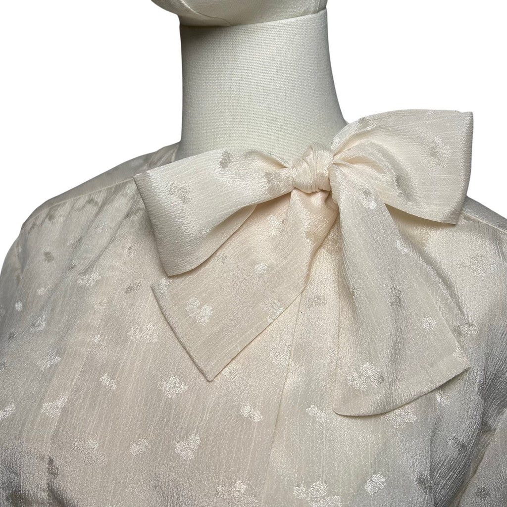 VTG 70s White Pussy Bow Pleated M Midi Dress Retro Twee Preppy Coquette Wedding