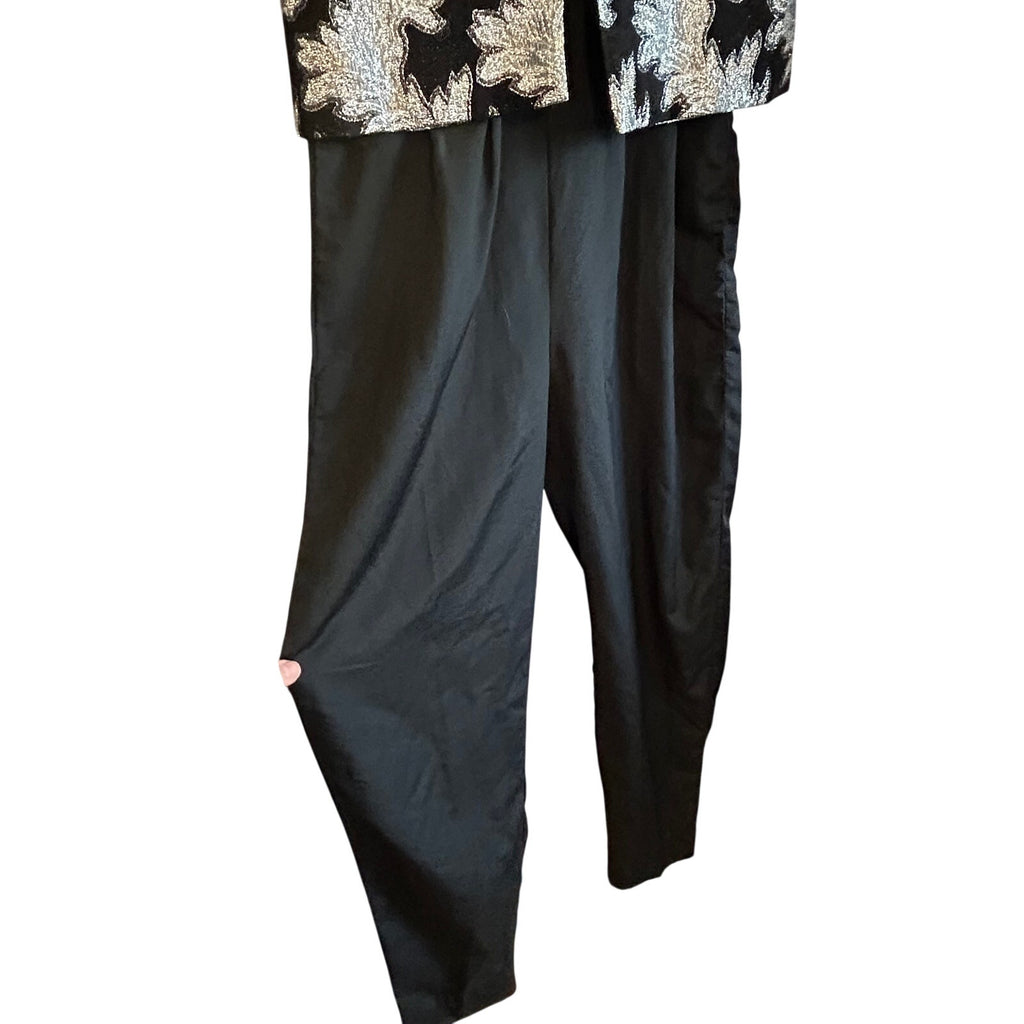 VTG Silver Black Metallic Leaf Brocade Jumpsuit and Matching Cropped Jacket Set