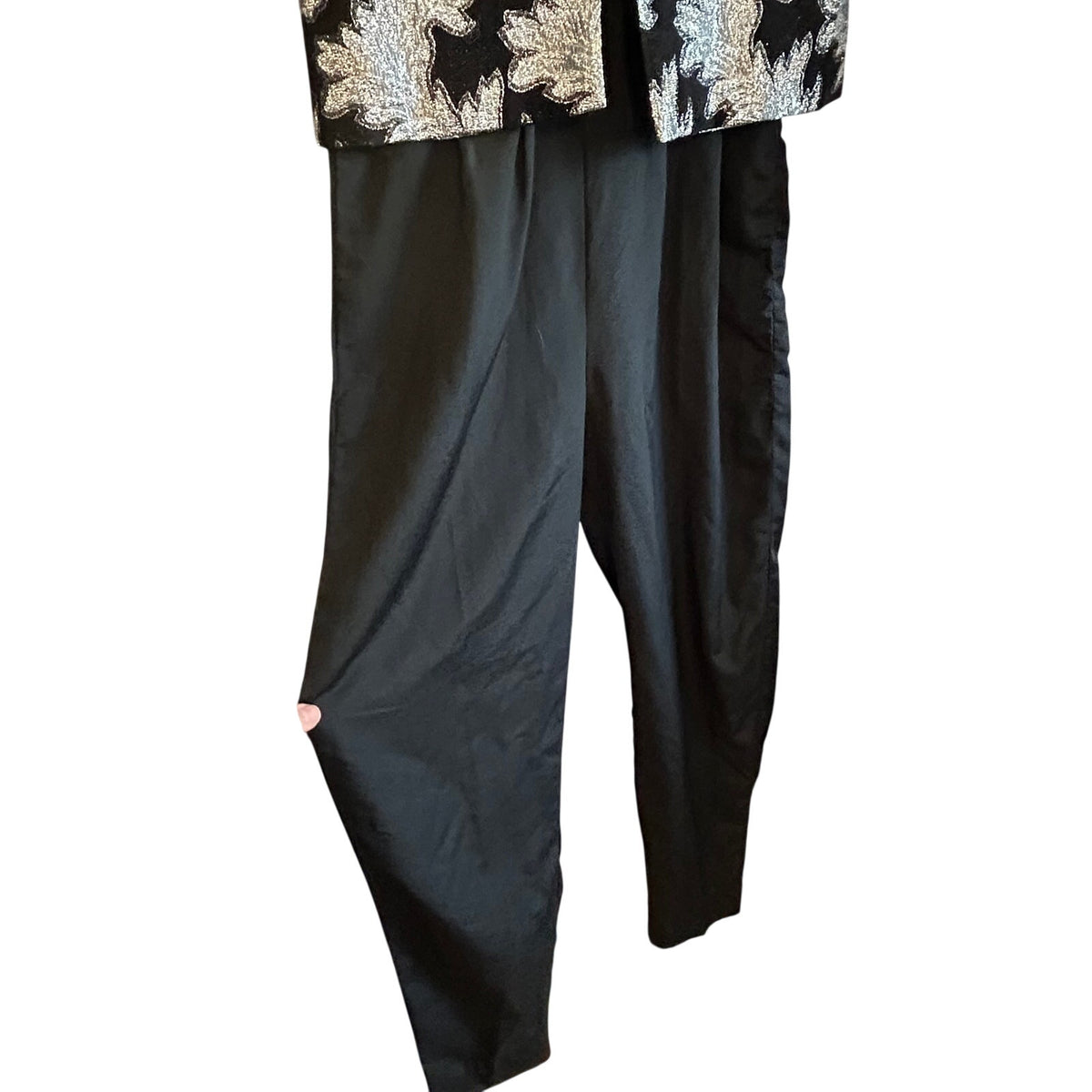 VTG Silver Black Metallic Leaf Brocade Jumpsuit and Matching Cropped Jacket Set
