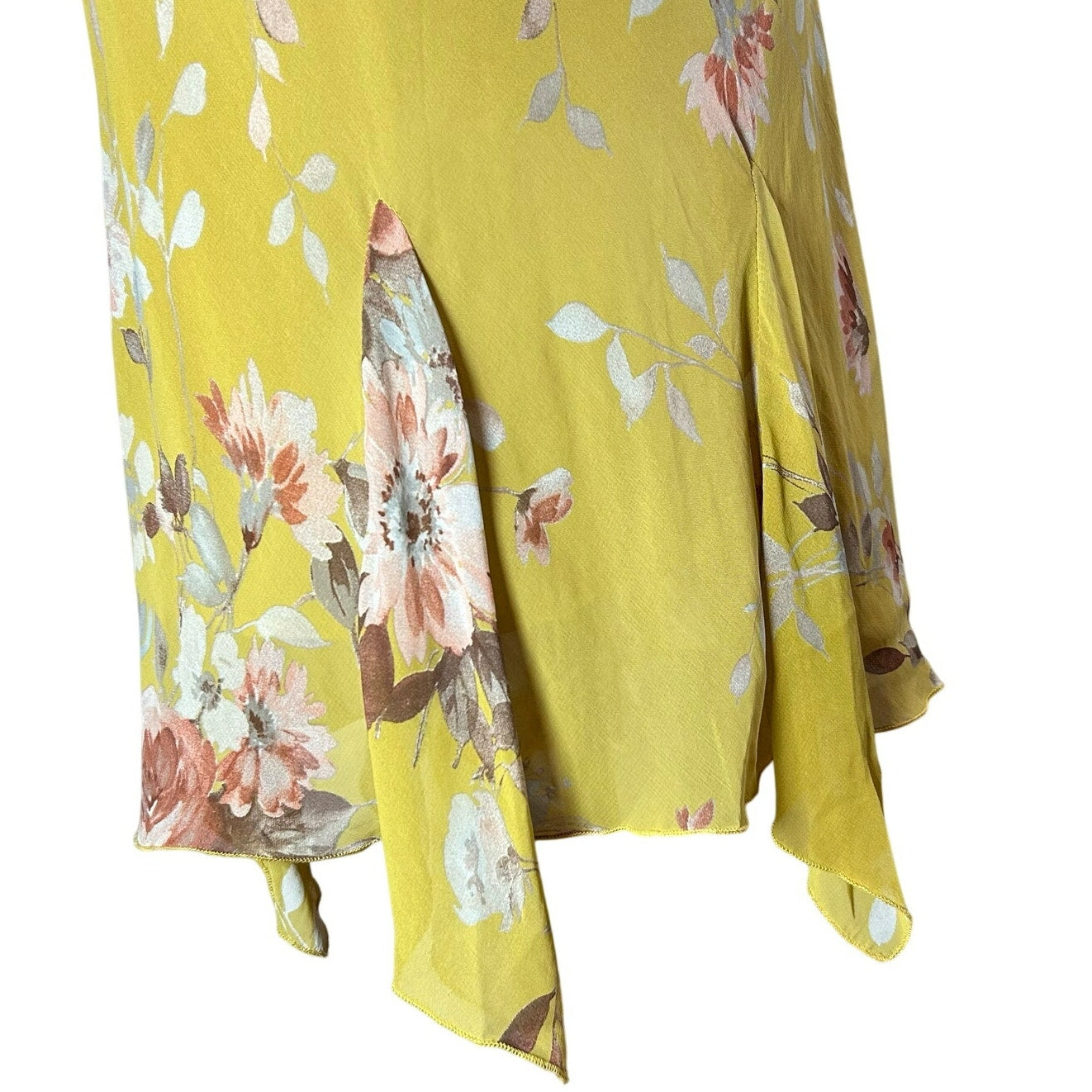 Lily Petite Small Floral Handkerchief Hem 90s Y2K Yellow Rayon Midi Dress P/S