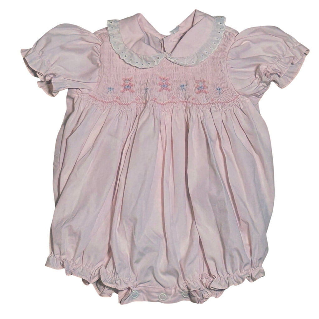 VTG 70s Baby Girl Pink Smocked Romper Teddy Bear Puff Sleeve Cottage Coquette