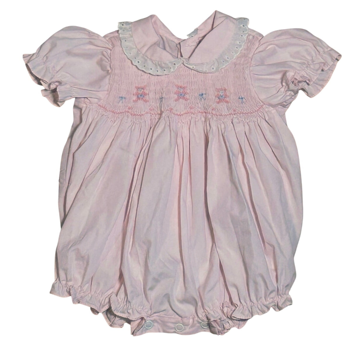 VTG 70s Baby Girl Pink Smocked Romper Teddy Bear Puff Sleeve Cottage Coquette