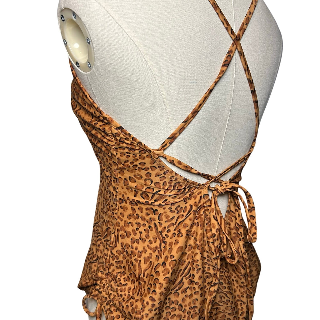 Leopard Print Strappy Back One Piece Swimsuit Coquette Y2K Whimsigoth Grunge M-L