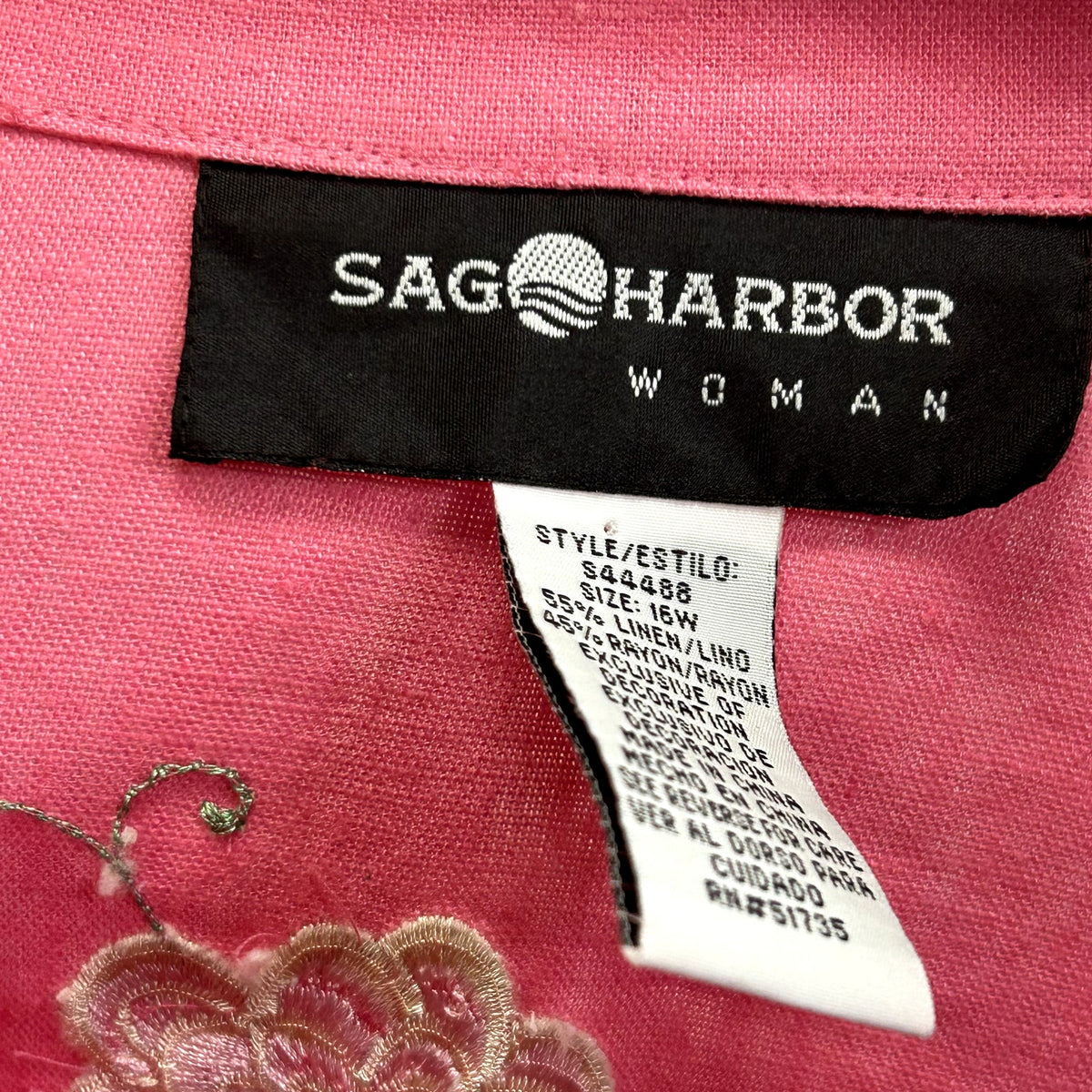 VTG 90s Sag Harbor 16W Pink Shirt Floral Embroidery Linen Rayon Grandma Cottage
