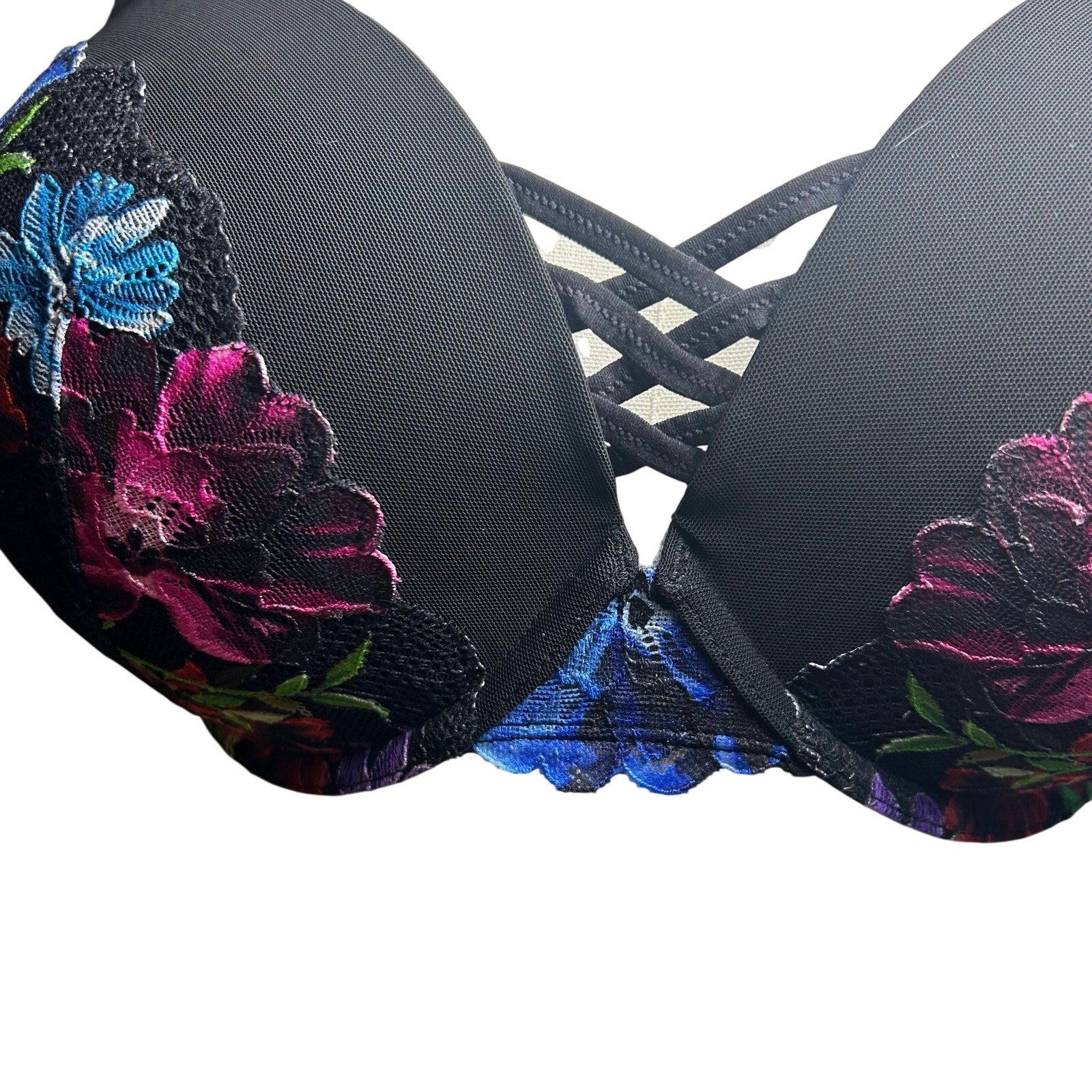Torrid Curve Black Floral Mesh 360 Back Smoothing Push-Up Plunge Bra 44D Goth