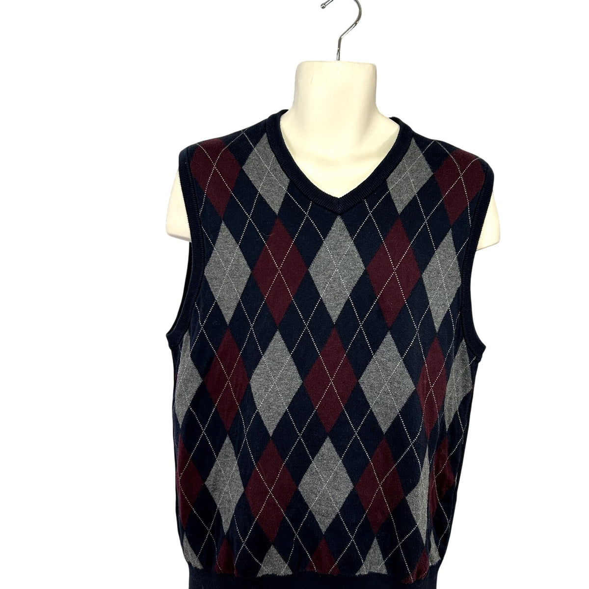Chaps L Blue Argyle Cotton Knit V-Neck Sweater Vest Preppy Dark Academia