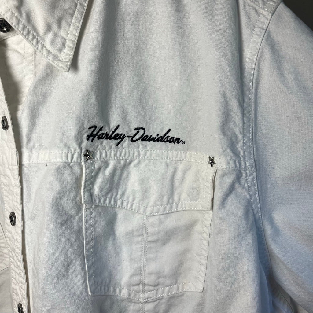 VTG 90s Harley Davidson 3XL White Button Down Shirt Short Sleeve Biker Grommet