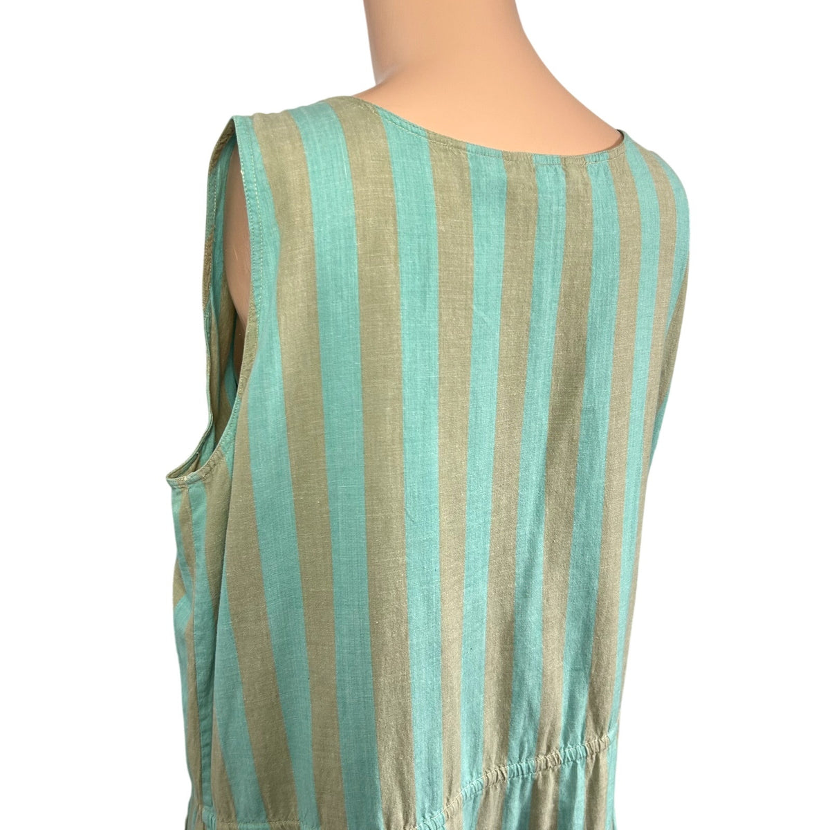 Phool Blue Tan Striped Buttons Pleated Cotton M Midi Dress Coastal Prairie Boho