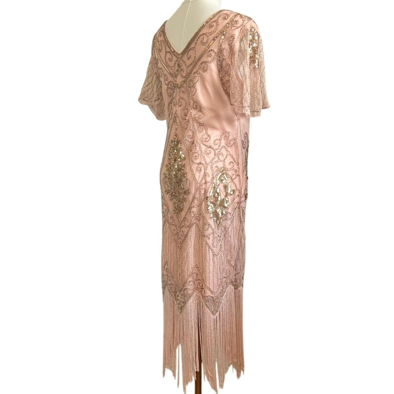Pink Beaded Sequin Flapper Dress PS Fringe 1920s Style Art Deco Costume Party