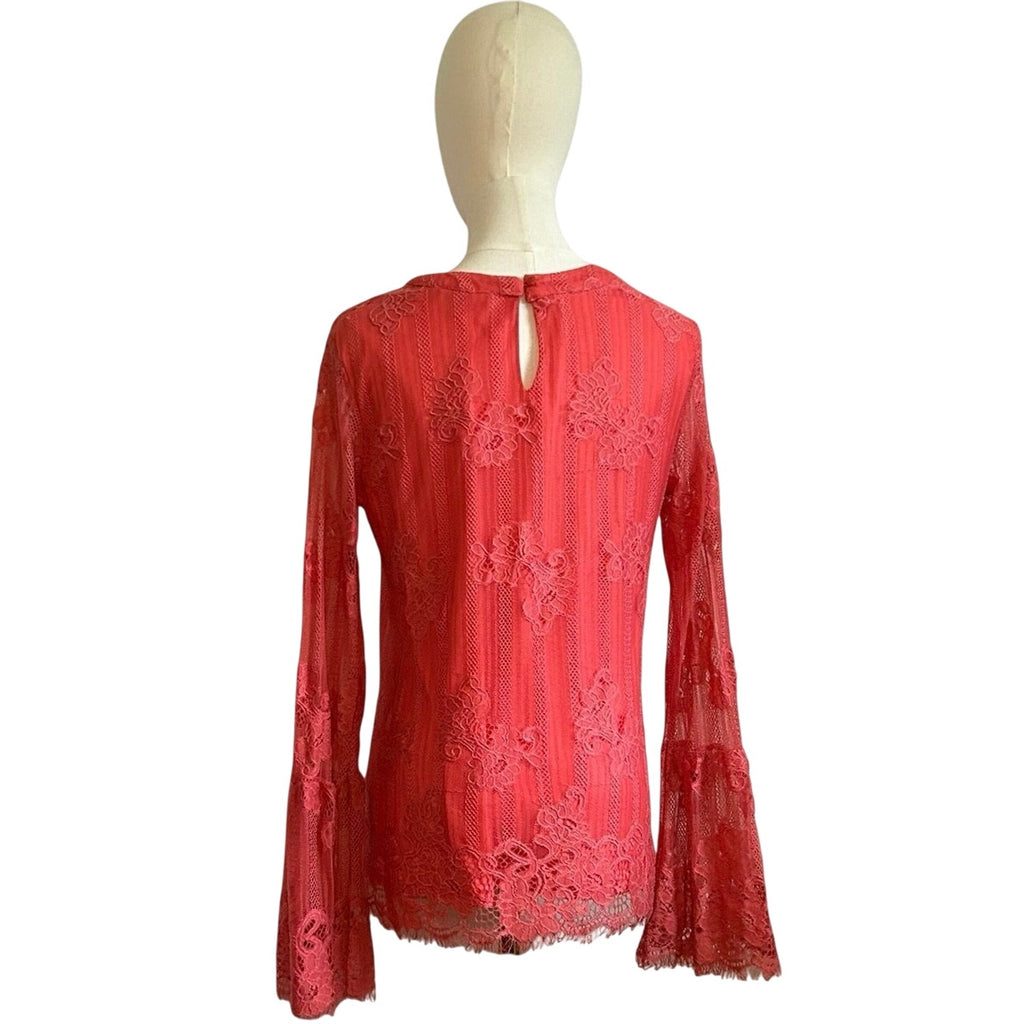 Ultra Pink Floral Lace Top Sheer Bell Sleeves M Coquette Fairy Gypsy Feminine