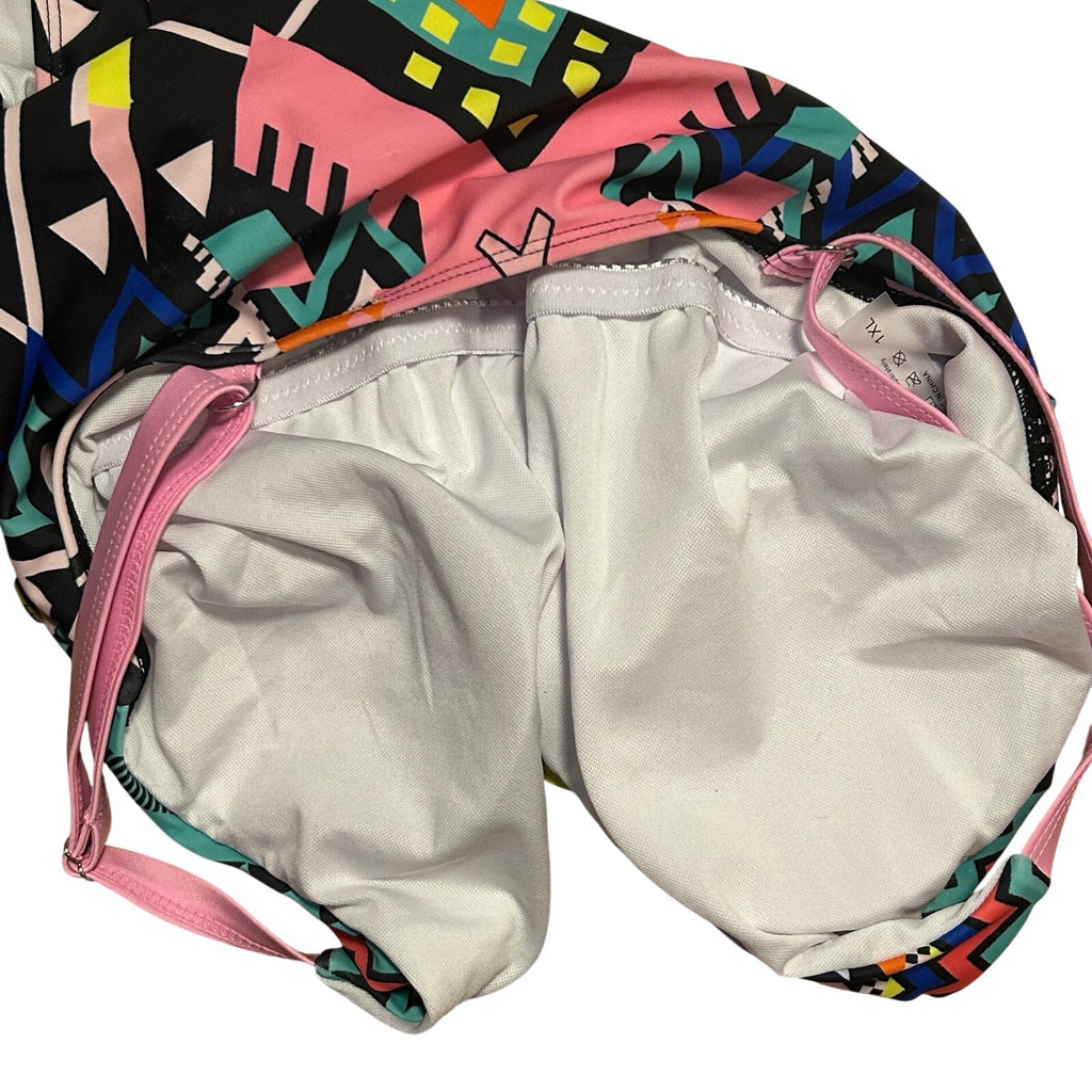Xhilaration Geometric Multi-Color One Piece Swimsuit XL Pink Blue Retro Print
