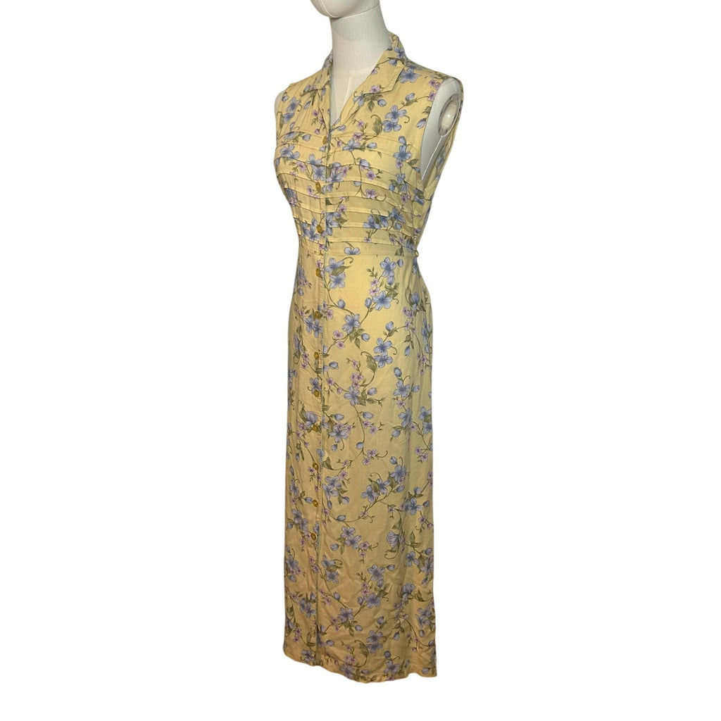 VTG 90s Erika Collection Yellow Floral Maxi Shirt Dress M Cottage Grandma Grunge