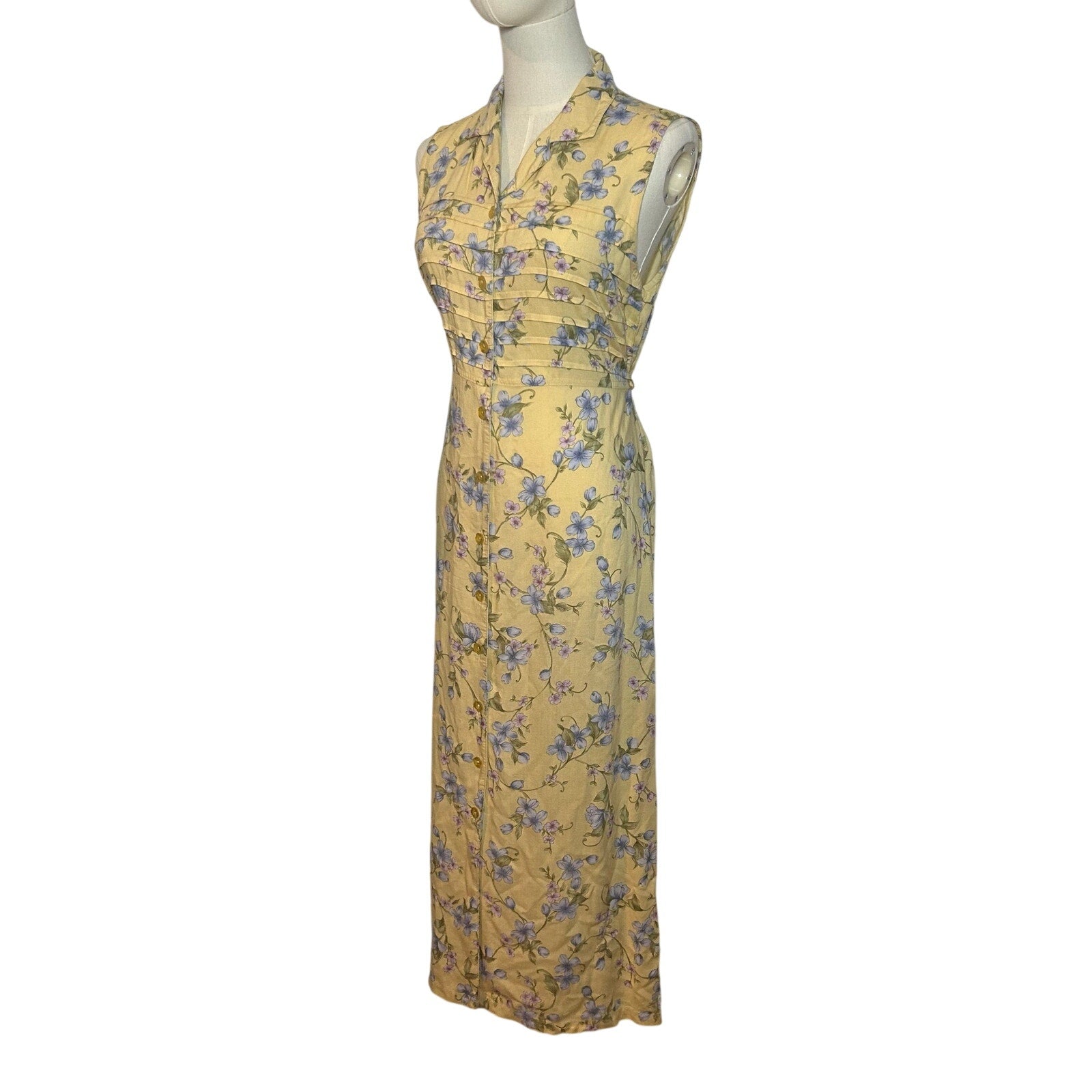 VTG 90s Erika Collection Yellow Floral Maxi Shirt Dress M Cottage Grandma Grunge