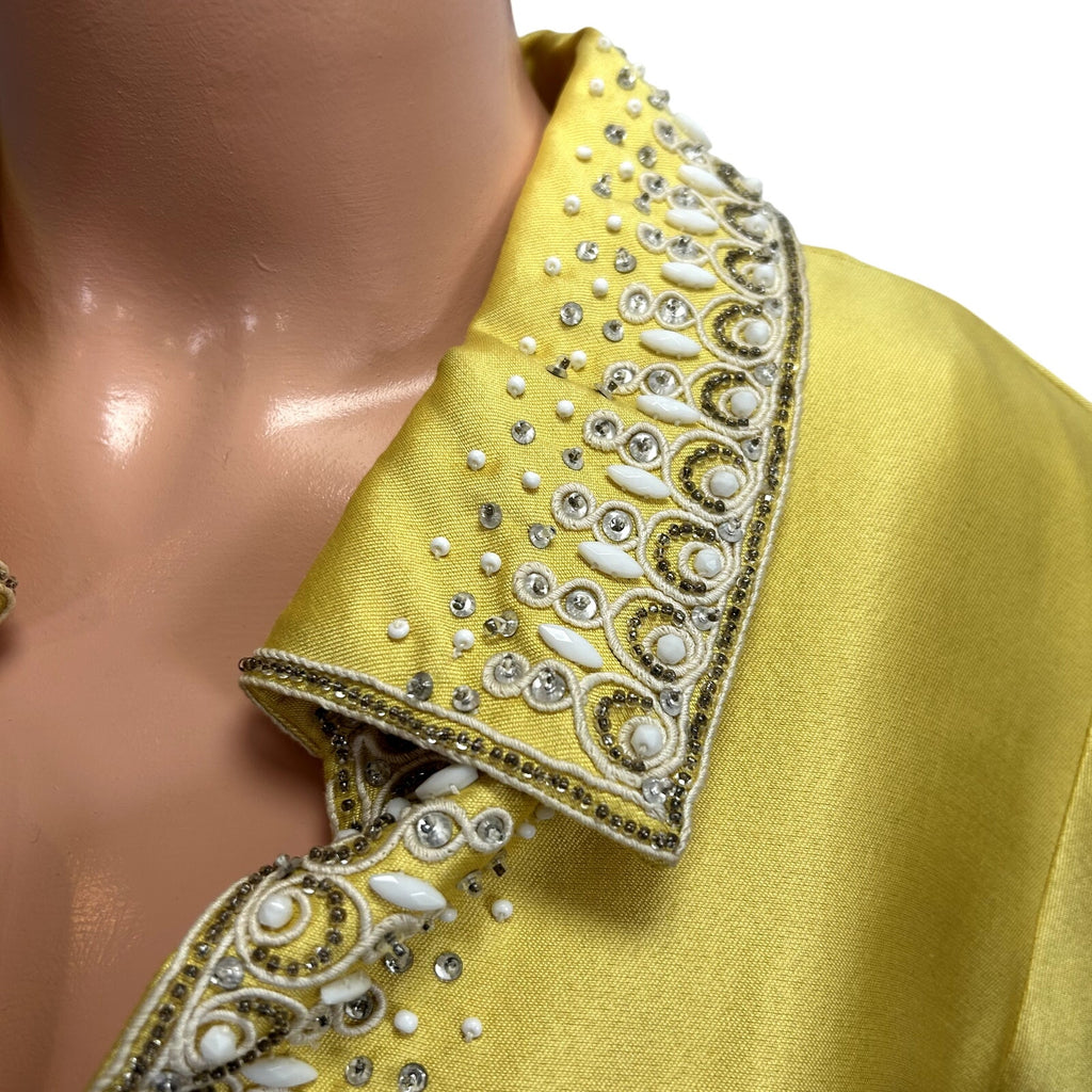 VTG 60s Sir Norman Hartnell S Yellow Beaded Wool Silk Couture Regency Midi Dress