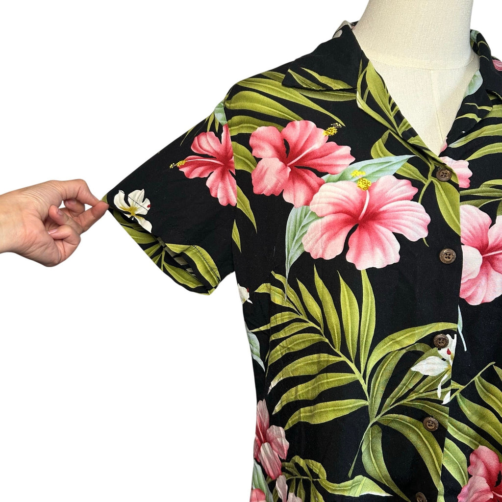 VTG 90s Puanani Hawaiian Shirt Black Floral Medium Tropical Boho Casual Indie