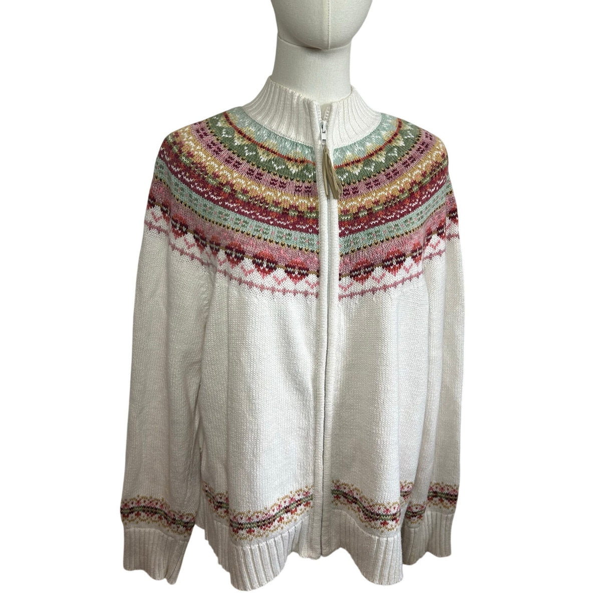VTG Y2K Tiara International L White Fair Isle Cardigan Sweater Full Zip Grandma