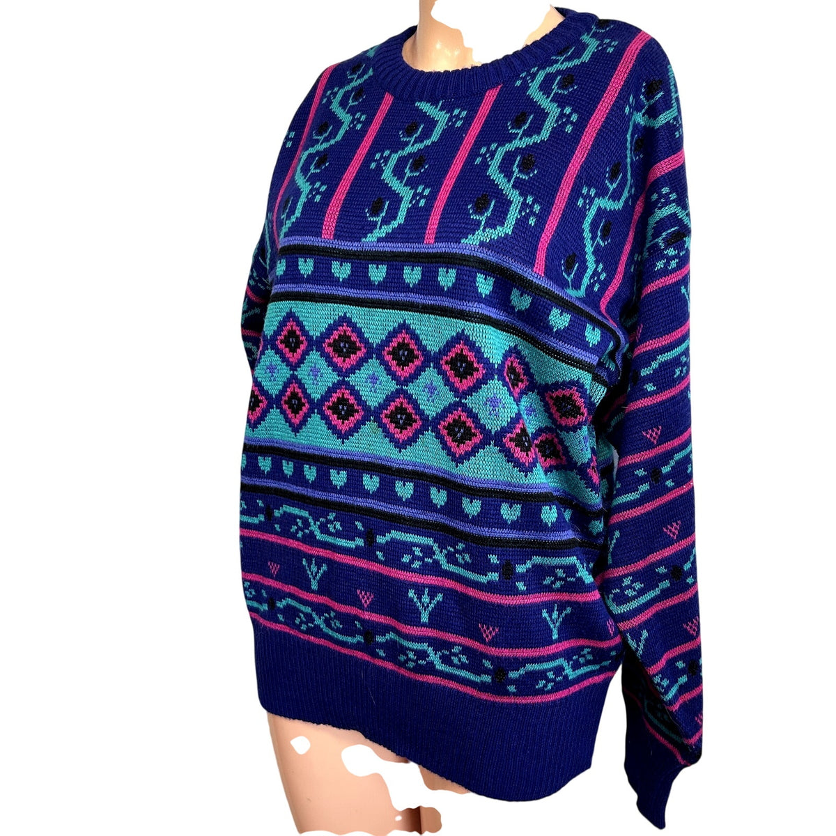 VTG 80s Meister M Purple Teal Maximalist Patterned Wool Knit Retro Cozy Sweater