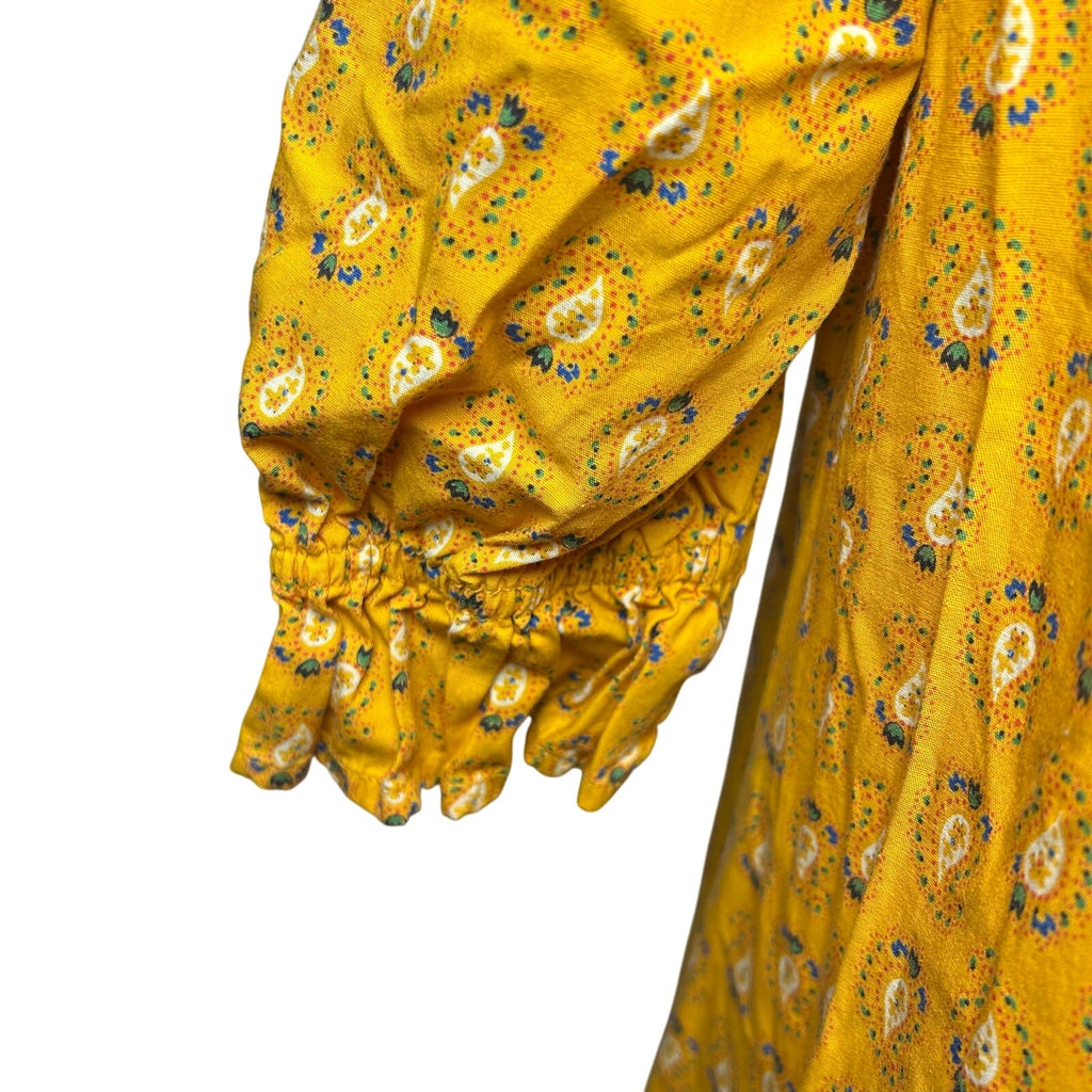 VTG 70s Yellow Maxi Paisley Dress L Cottage Boho Handmade Peasant Prairie Retro
