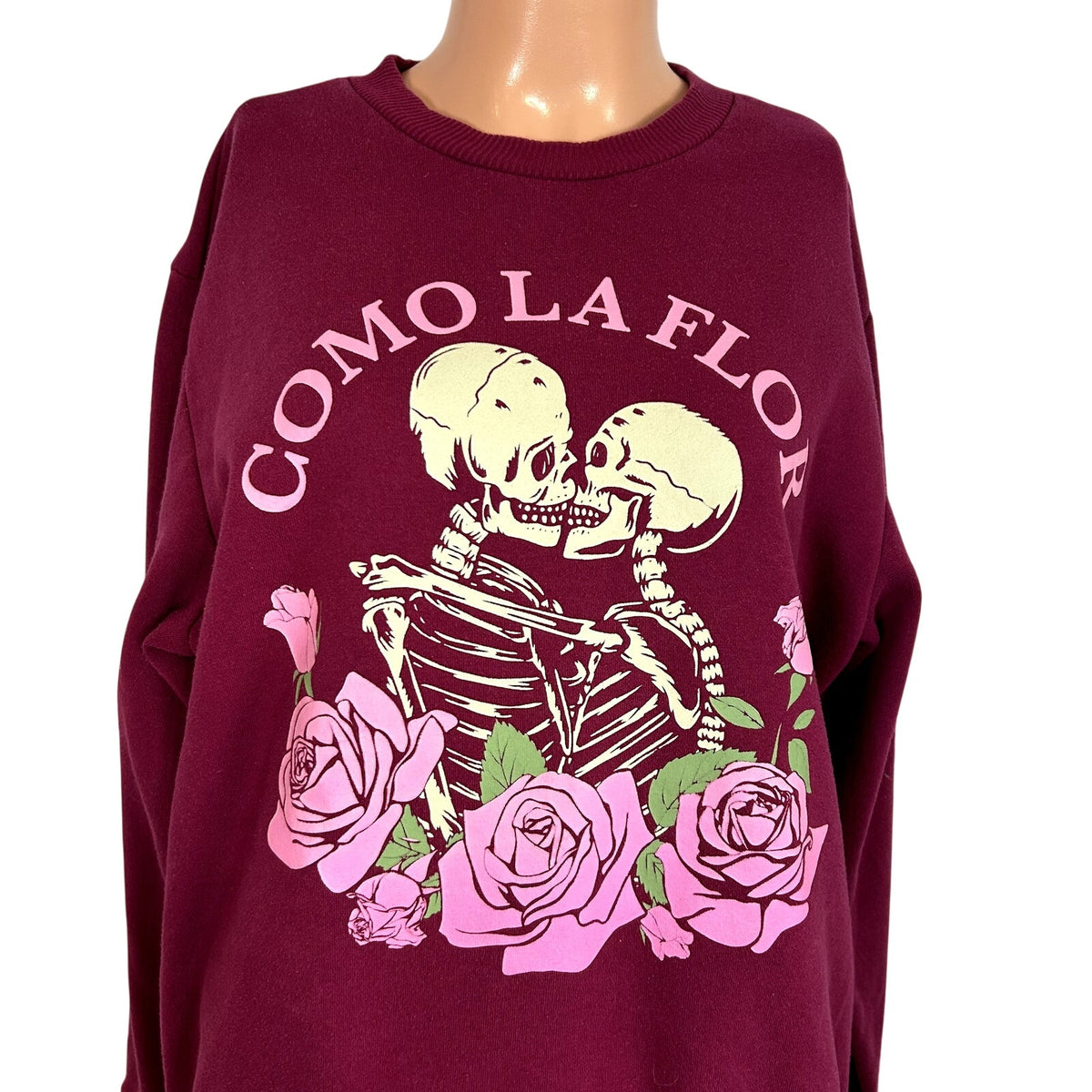 Mighty Fine XS Burgundy Kissing Skeletons Sweatshirt Como La Flor Rose Selena