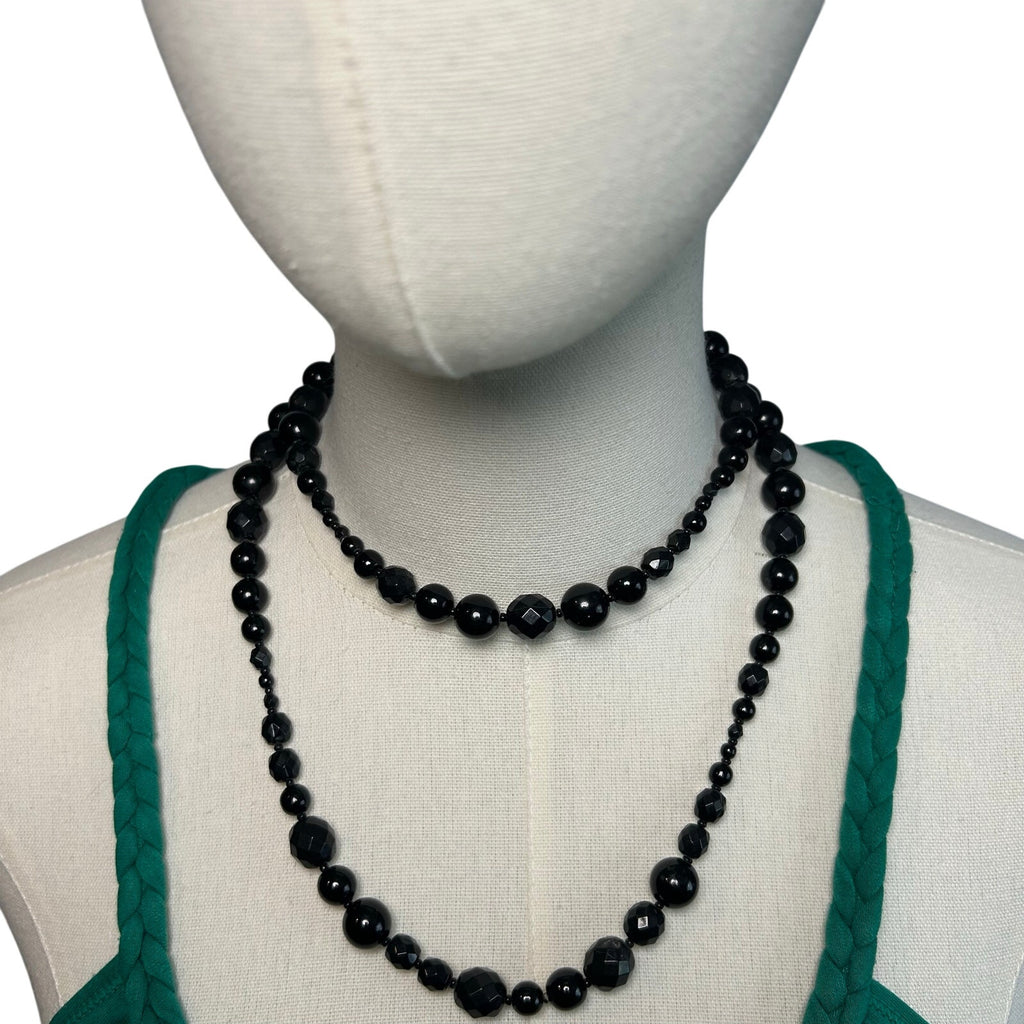 VTG Y2K Double Strand Black Bead Adjustable Choker Goth Office Siren Luxe Gatsby