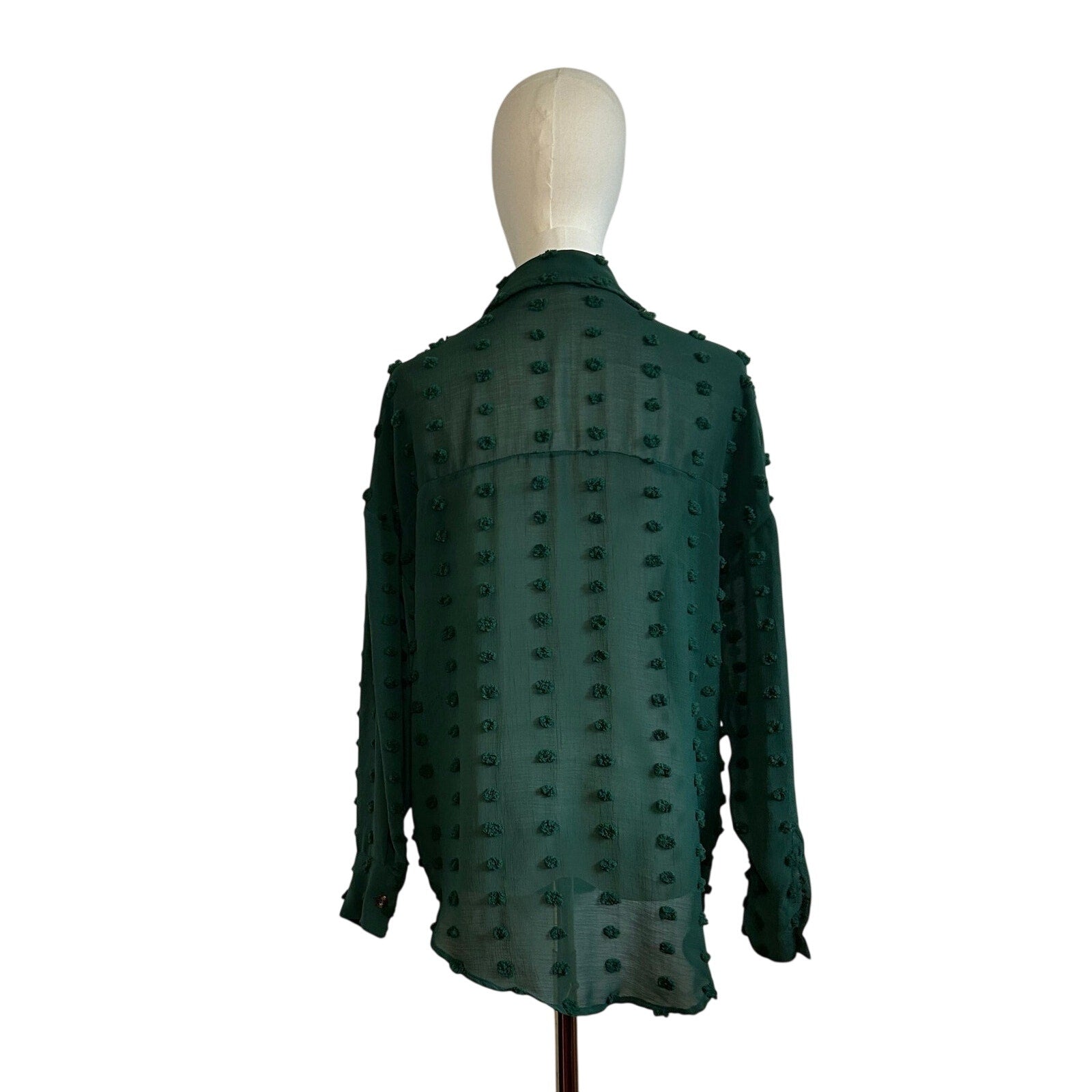 Forest Green Swiss Dot Long Sleeve L Casual Clip Dot Shirt Boho Minimalist Twee